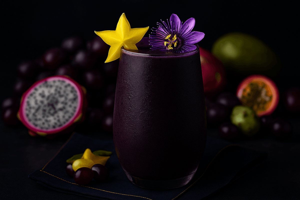 Vibrant magenta Midnight Elixir Smoothie in a tall glass with dark cherries and dragon fruit garnish on white background