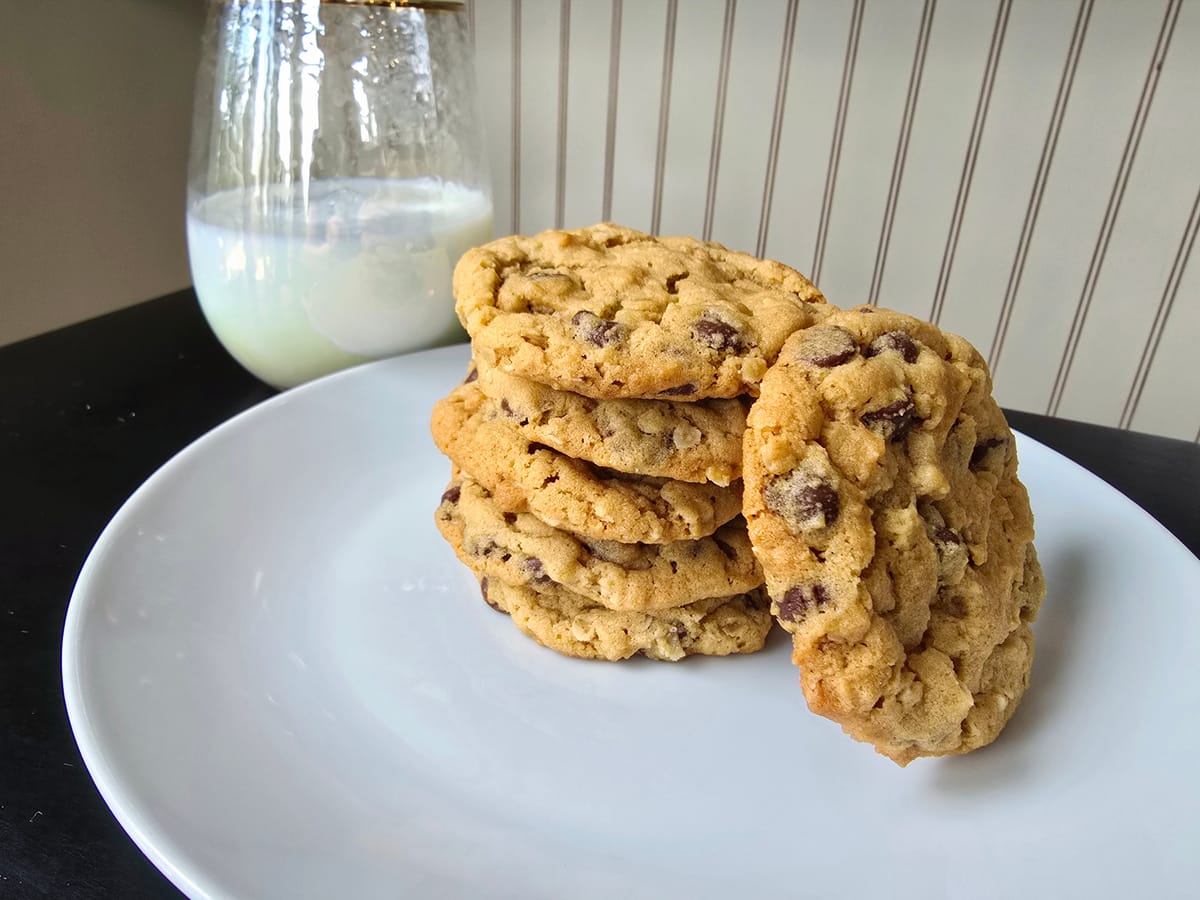 Golden chewy peanut butter chocolate chip oatmeal cookies on a white surface with scattered chocolate chips