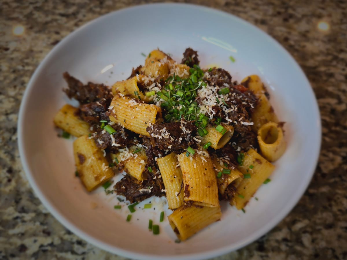 Bowl of pasta alla genovese with tender beef ragù, caramelized onions, and fresh parmesan on white plate