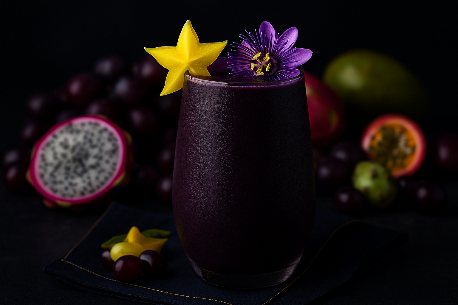 Vibrant magenta Midnight Elixir Smoothie in a tall glass with dark cherries and dragon fruit garnish on white background