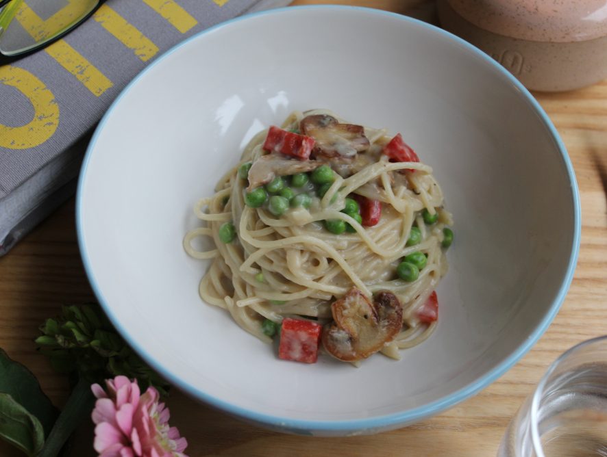 Very simple, easy on the calories, white sauce creamy mushroom pasta that takes minutes to make!