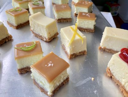 Lime cheesecake bars with salted butterscotch topping and buttery pecan crust! Wow!