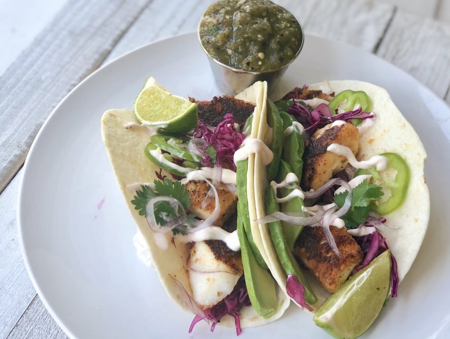 Blackened Flaky Baja Fish Tacos with Cilantro Red Cabbage Slaw, Creamy Chipotle Sauce and Salsa Verde