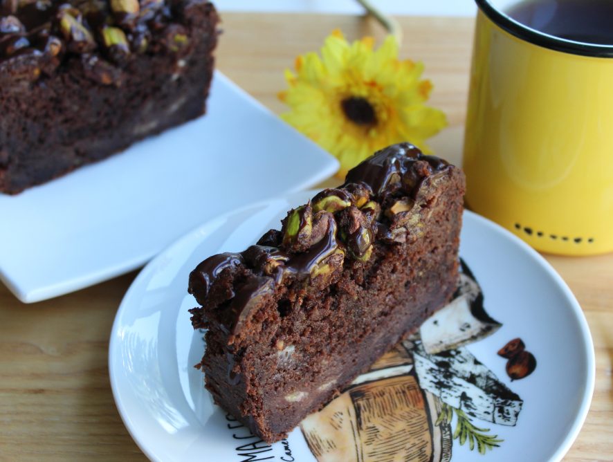 Triple Chocolate Banana Bread with Salted Pistachios and Chocolate Ganache