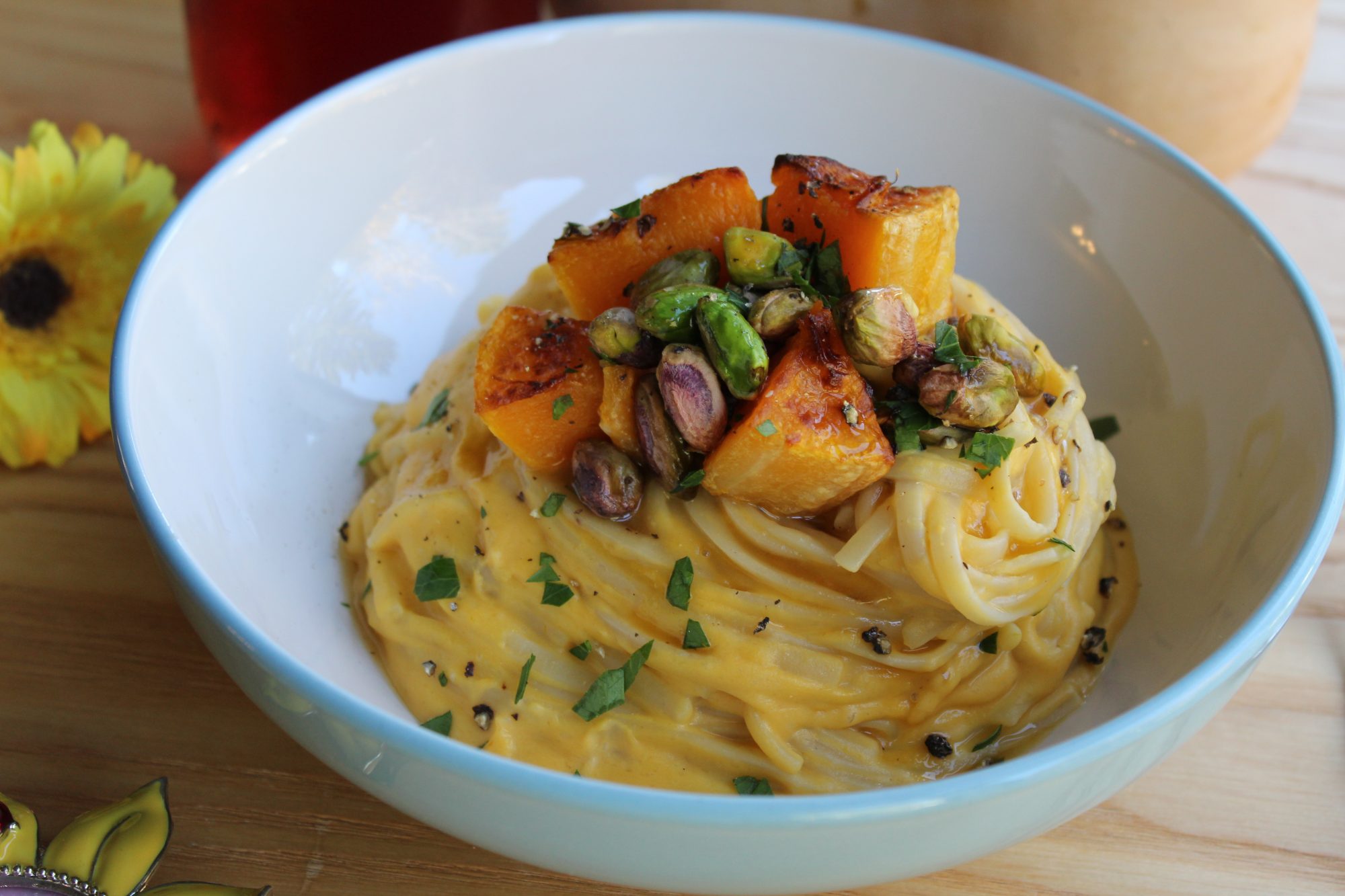 CREAMY BUTTERNUT SQUASH ALFREDO PASTA WITH BROWN BUTTER AND PISTACHIOS