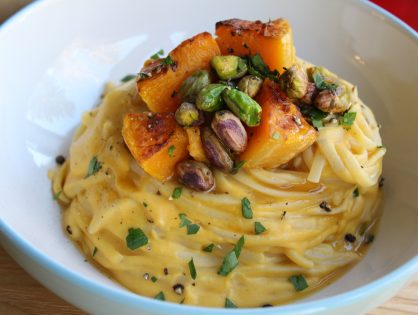 Creamy Butternut Squash Alfredo Pasta with Brown Butter and Pistachios