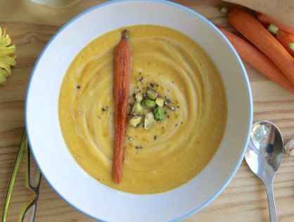 Flavourful Butternut Squash Soup Loaded with Brown Butter, Veggies, Toasted Pistachios and Optional Maple Syrup