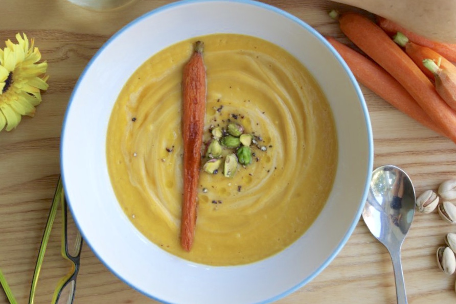 Flavourful Butternut Squash Soup Loaded with Brown Butter, Veggies, Toasted Pistachios and Optional Maple Syrup