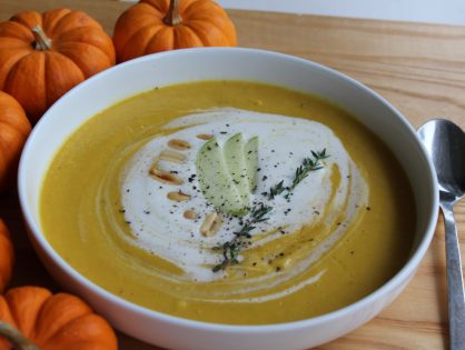 Sugar Pumpkin Soup with Brown Butter, Fresh Thyme, Apples, Peanut Butter and Maple Whipped Cream